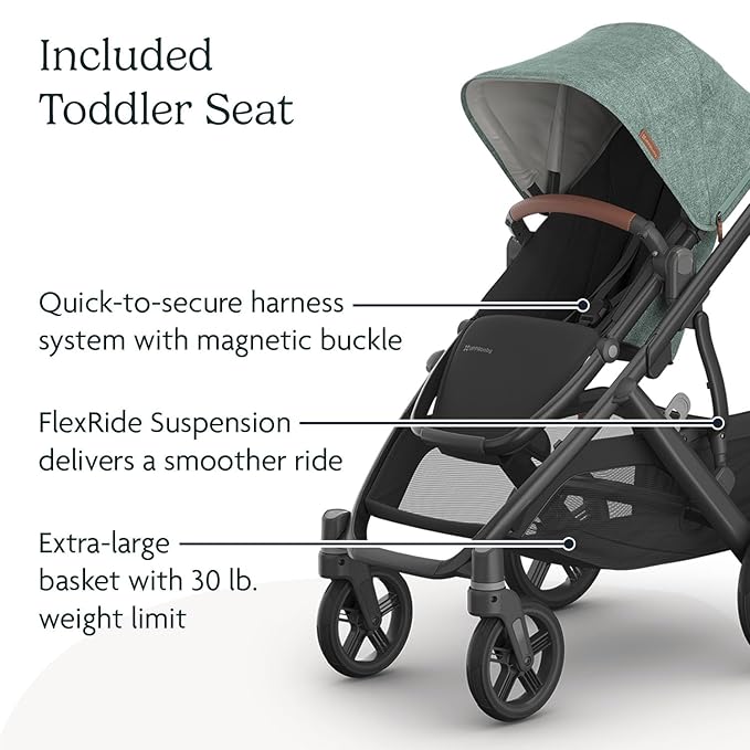 UPPAbaby Vista V3 Stroller - Full-Size Single-to-Double Stroller System - Toddler Seat, Bug Shield, Rain Shield, and Storage Bag Included - Gwen (Green Mélange/Carbon Frame/Saddle Leather)