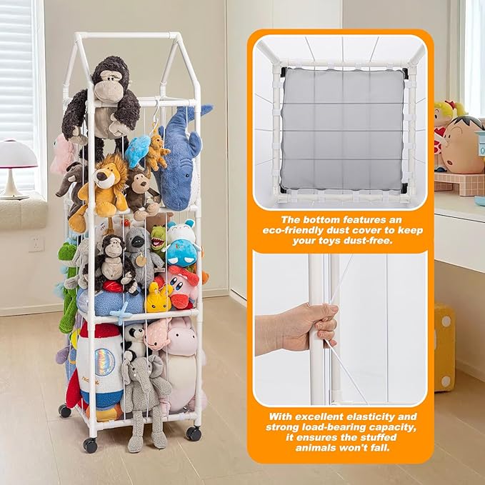 Stuffed Animal Zoo Storage, Extra Large Stuffed Animal Holder with Dust Cloth and Universal Wheels, Toy Storage Organizer, Plush Storage Organizer Shelf for Birthday Gift, Nursery Play Room