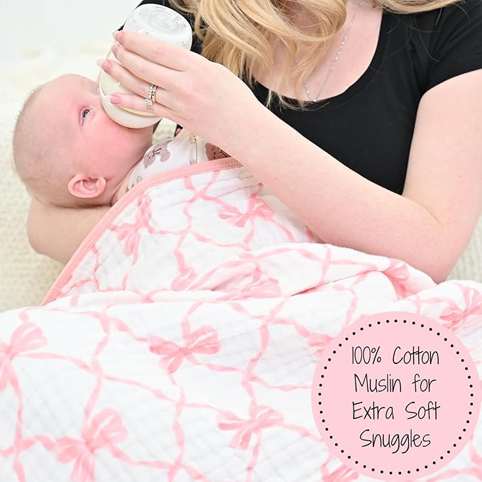 LollyBanks Muslin Baby Blanket 100% Organic Cotton, Muslin Quilt Lightweight, Muslin Blanket for Girls, 6 Layers Baby Blankets 47"x 47", Soft Nursery Receiving Blankets (Pink Bow Print)