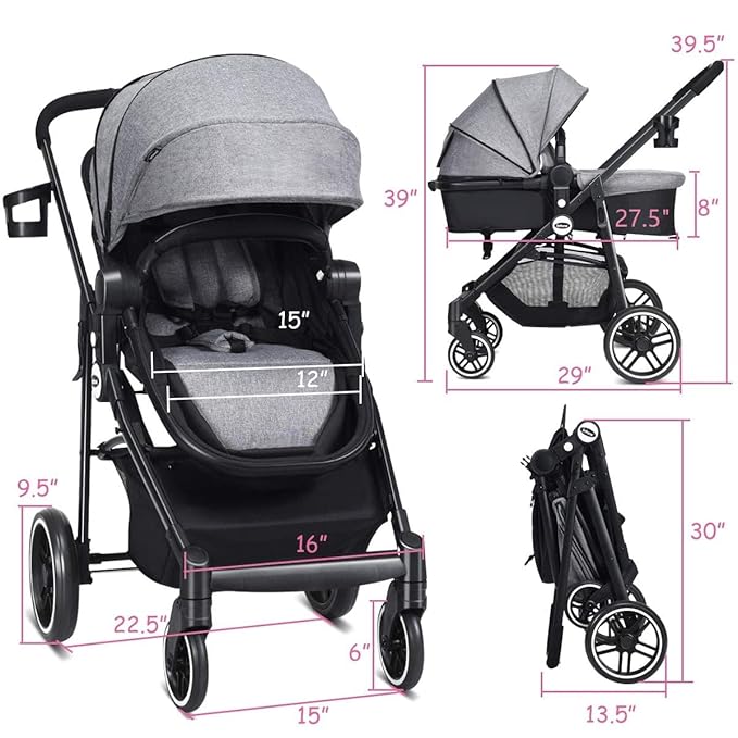 INFANS 2 in 1 Baby Stroller, High Landscape Infant Stroller & Reversible Bassinet Pram, Foldable Pushchair with Adjustable Canopy, Cup Holder, Storage Basket, Suspension Wheels (Volcanic Ash)