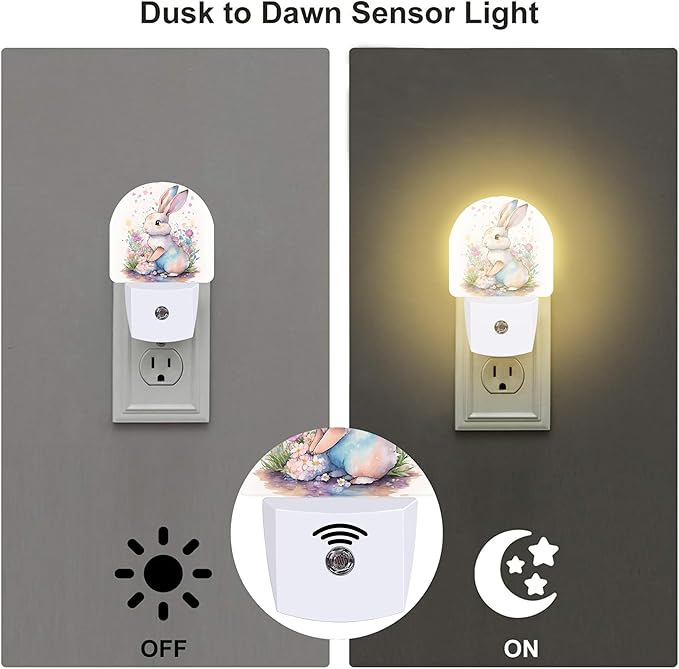 Easter Bunny and Flowers Night Light, Watercolor Cute Rabbit and Floral Dusk to Dawn Night Light Plug in,0.5w Energy Saving Sleep Friendly NightLight for Kids Boys Girls Home Decor
