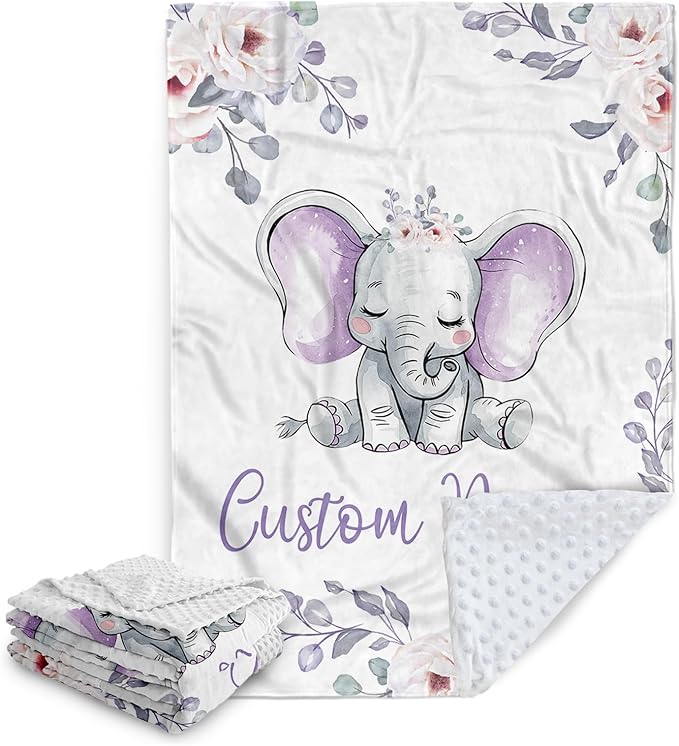 Custom Baby Blanket, Personalized Name Baby Blanket for Boy Girl, Purple Elephant Double Layer Dotted Backing Receiving Swaddle Blankets, Nursery Newborns New Parents Customized Gift(47"x60")