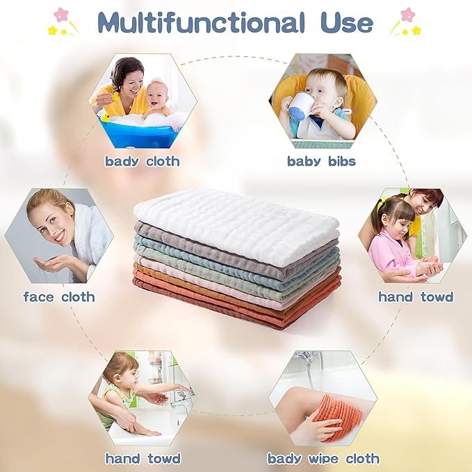 8 Packs Muslin Burp Cloths 6 Layers Unisex Baby Items Absorbent Burp Rags Colorful Muslin Washcloths for Baby Plain Soft Cotton Cloth for Babies Girls Boys, 10 x 20 Inch (Classic Colors)