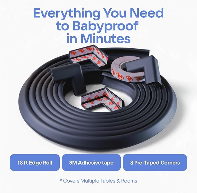 Baby Proof Corners and Edges with Furniture Corner & Edge Safety Bumpers, Impact-Absorbent 18ft Bumper & 8 Foam Corner Protectors, Cushy, Thick, Odorless Table Edge Protectors for Baby, Child | Black