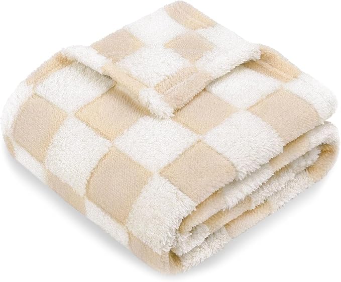 HOMRITAR Baby Blanket for Unisex Soft Cozy Reversible Checkerboard Toddler Blankets, Fluffy Fuzzy Plush Lightweight Bed Blanket with Chessboard Grid Design 350GSM Khaki 30 x 40 Inch