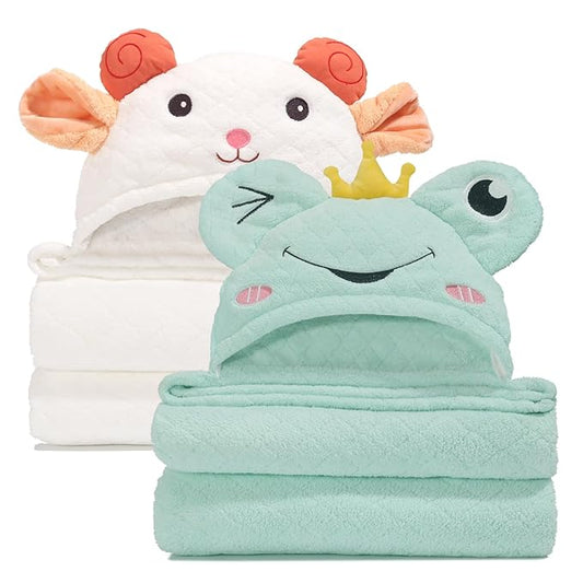 Baby Towels with Hood,2-Pack Baby Towels with Hood for Toddlers 1-3 0-5 Years, Super Soft Thick Absorbent Premium Coral Fleece Bath Towels Kids 50"x32",Green Frog & White Sheep Set