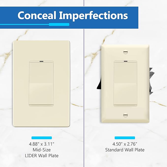LIDER Matte Finish Decorator Switch Cover, Screwless Wall Plate, Mid-Size 1-Gang 4.88" x 3.11", Unbreakable Polycarbonate Thermoplastic, UL Listed, LSWP-31M-LA, Light Almond