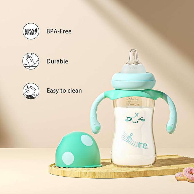 YOHKOH Natural PPSU Baby Bottle with Natural Response Nipple, Newborn Anti-Colic Baby Bottles with Handle, Wide Neck Mushroom Cap Baby Bottle (8.8oz (Pack of 2), Blue1)