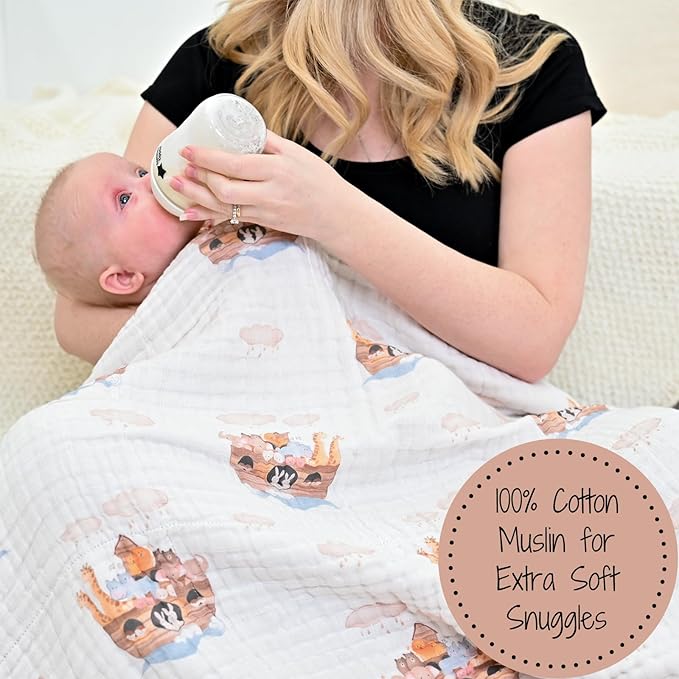 LollyBanks Muslin Baby Blanket 100% Organic Cotton, Muslin Quilt Lightweight, 6 Layers Baby Blankets 47"x 47", Toddler Blanket for Boy and Girl, Nursery Receiving Blankets (Noah's Ark Pattern)