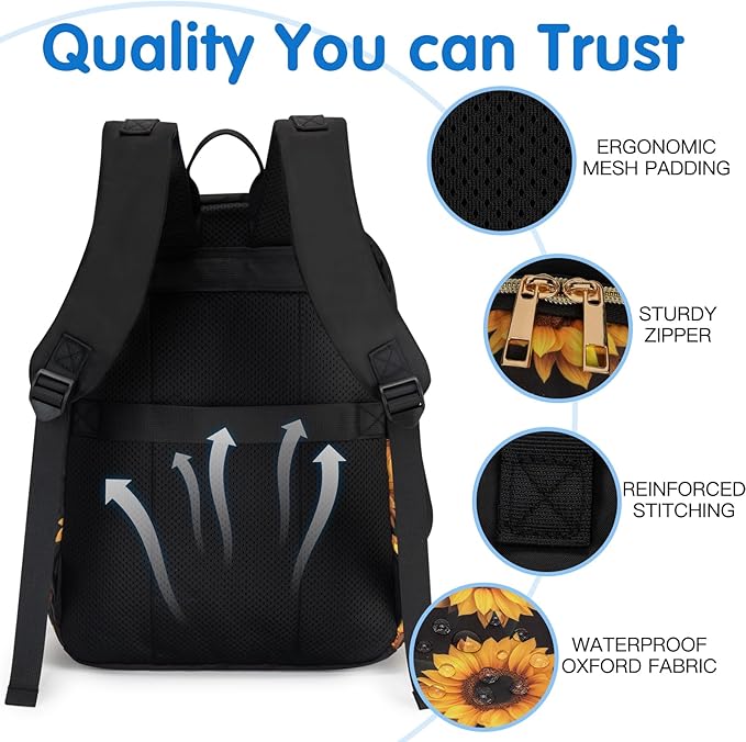 KABAQOO Baby Diaper Bag Backpack, Waterproof Diaper Backpack for Mom & Dad with Changing Pad, Insulated Pockets and Stroller Straps, Baby Shower Gifts for Girls & Boys, Sunflower