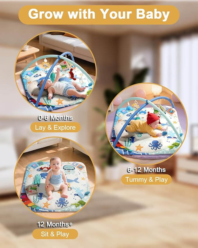 Baby Play Gym with 4 Developmental Zones – Tummy Time Mat & Activity Mat with 6 Sensory Toys, Visual Cards & Pillow – Baby Essentials & Ideal Gift for Newborns