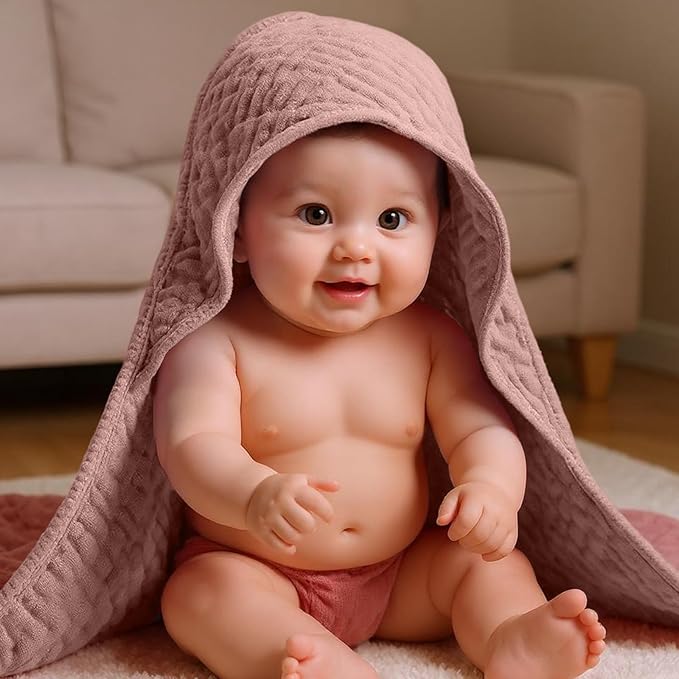 Peryiter 6 Pcs Muslin Hooded Baby Towels, 32"x 32" Cotton Newborn Bath Towel Muslin Infant Baby Blankets Absorbent Unisex Newborn Registry Gift Essentials for Girls Boys(Brown and Pink Series)