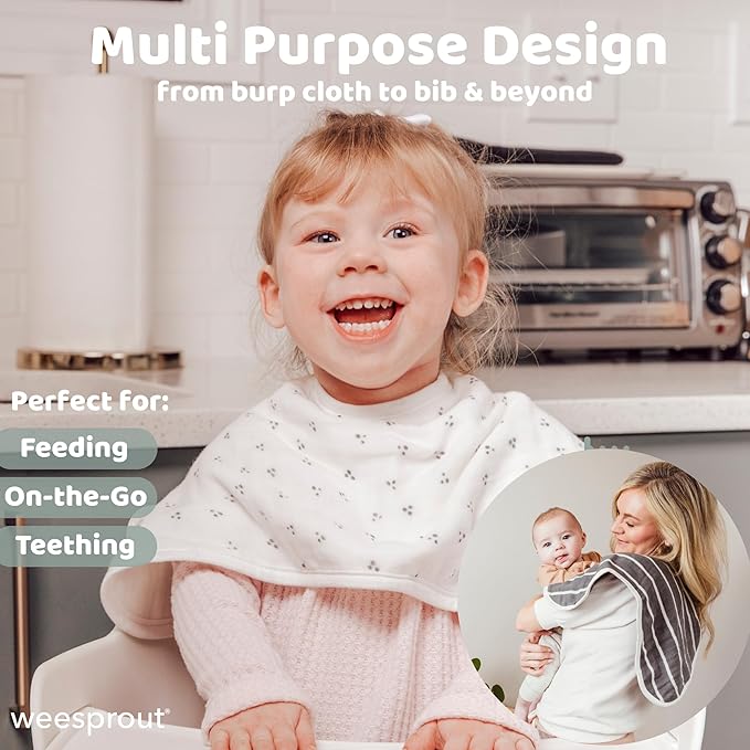 WeeSprout Unisex Organic Towel Cotton Burp Cloths, Set of 4, Four Ultra-Absorbent Layers Keep Clothes Dry, Button Transforms into Baby Bib, Machine Washable & Dryer Safe (White Set, Full)