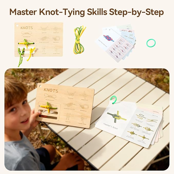 WOODEN TEETHER Kids Explorer & Adventure Kit for Ages 4–8, Wooden Knot Board (7 Step Cards) & Scrapbook, with Binoculars, Compass & Magnifying Glass, STEM Nature Exploration Toy