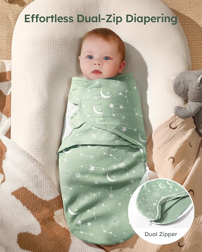 Baby Swaddles for Newborns with Zipper, 100% Cotton Newborn Swaddle Sack, 3 Pack Baby Swaddles 0-3 Months Swaddle Sleep Sack for Newborn Baby Boy Girl Green Constellation