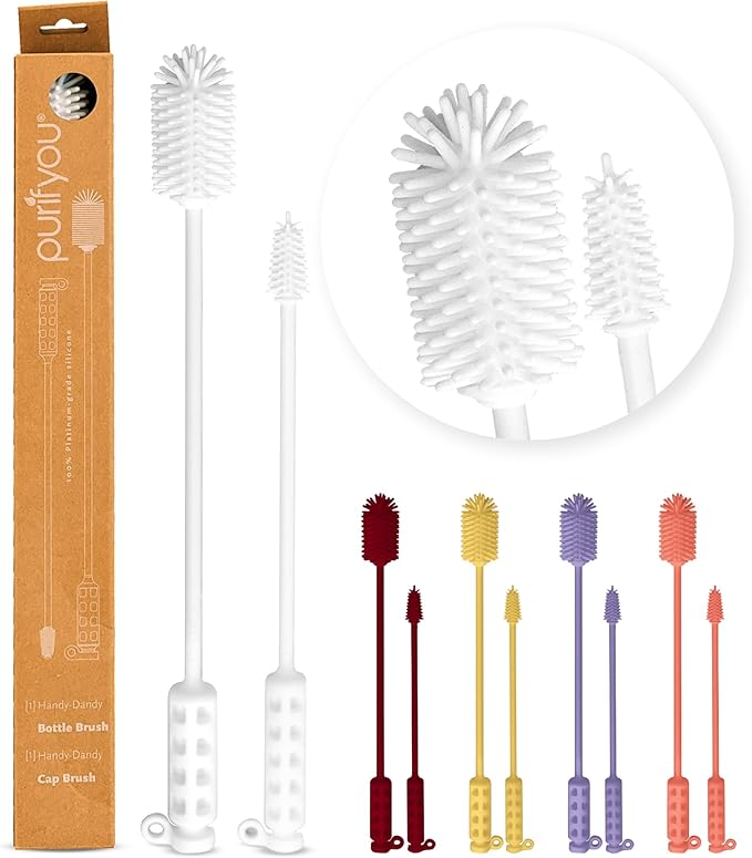 purifyou 16in & 12in Platinum Silicone Water Bottle Cleaner Brush Set with Cap Brushes, for Bottles, Tumblers, Drinking Glasses, Narrow Neck Containers, Dishwasher Safe, Durable (Set of 2, White)