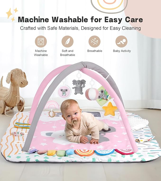 Baby Play Mat Activity Gym with Tummy Time Pillow, 6 Developmental Zones Tummy Time Mat, 6 Detachable Sensory Toys and Educational Cards, Essential Baby Shower Set, Pink Koala