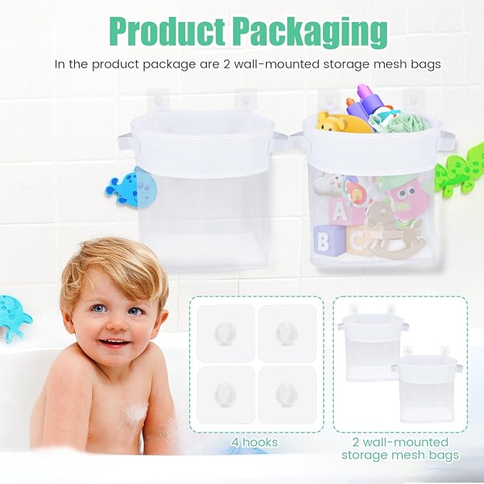 2Pcs Bath Toy Storage Polyester Toy Organizer Wall Mounted Breathable Leaky Mesh Bag Easy to Install Large Capacity Toy Mesh Bag Easy to Clean Toy Organizer Suitable for Bathrooms