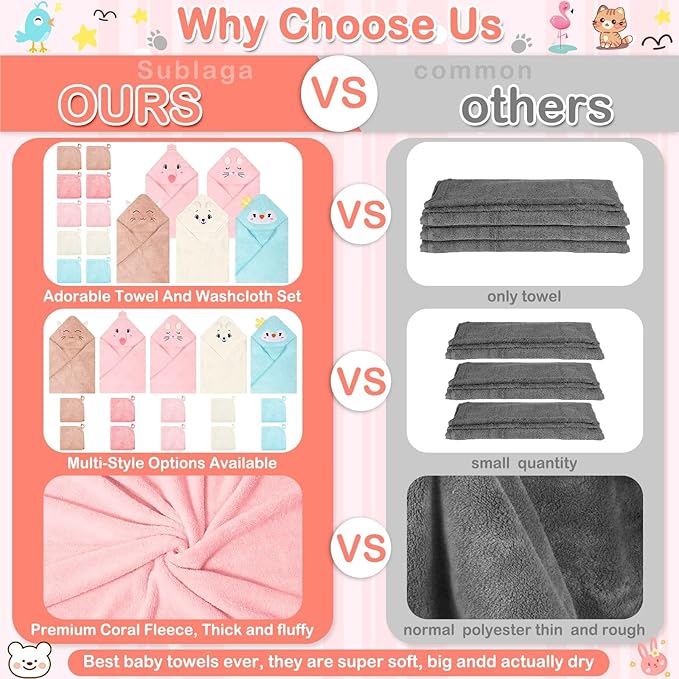 15 Pack Hooded Baby Towels, 5 Packs Soft Baby Bath Towels with Hood for Babies, 10 Packs Baby Washcloths for Newborns, Toddlers, and Kids- Absorbent, Baby Stuff Shower as Best Gifts for Boys and Girls