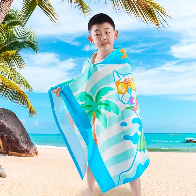 VOOVA & MOVAS Toddler Towels for Kids 3-10Years, 30''X50, Soft | Thick | 100% Cotton | Absorbent Towel Wrap, Perfect for Kids Beach, Pool, Bath, Swimming, Stripe Dog