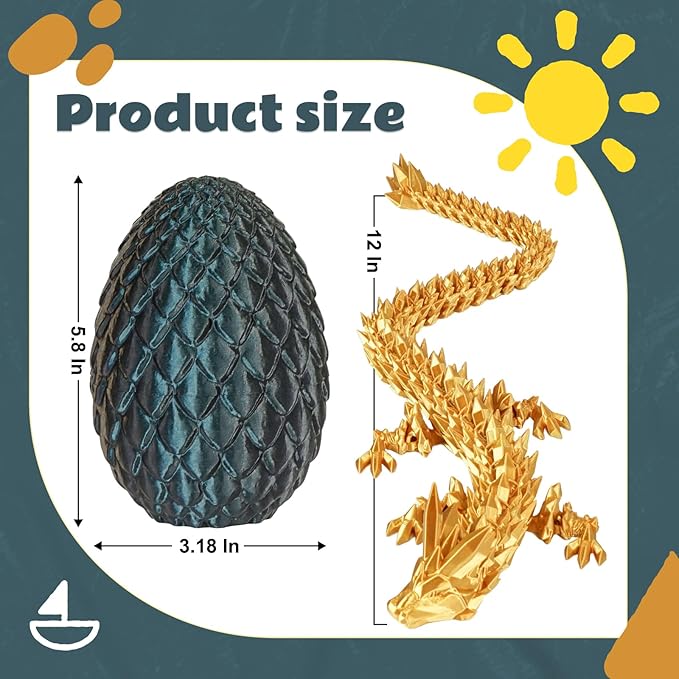 Dragon Eggs with Dragon Inside, 3D Printed Surprise Funny Gifts for Kids, Articulated Dragon Fidget Toys for Adults, Executive Desk Toys Office Room Décor (Shiny Black, M-Size)