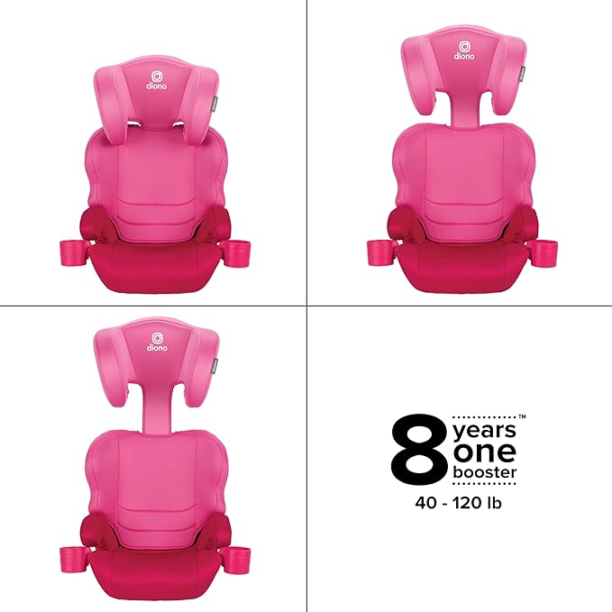 Diono Everett NXT High Back Booster Car Seat with Rigid Latch, Lightweight Slim Fit Design, 8 Years 1 Booster Seat, Pink Cotton Candy