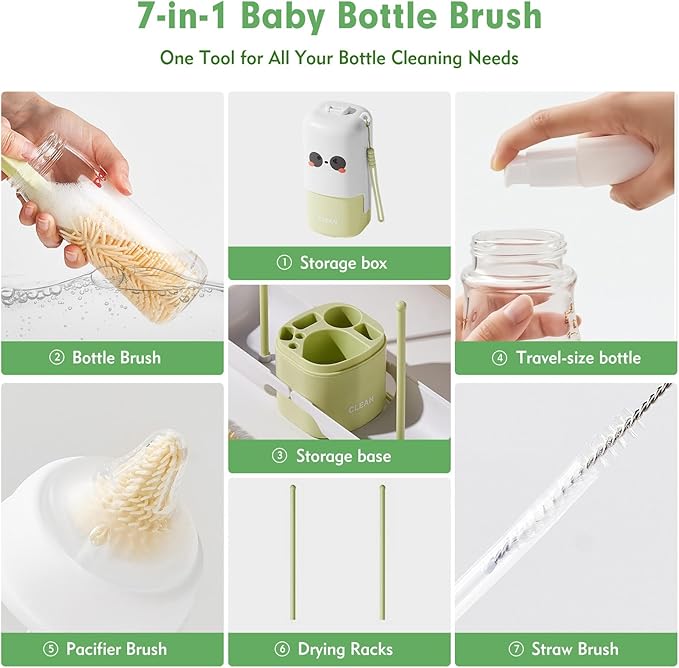 Baby Bottle Brush Set - Baby Bottle Cleaner Kit with Nipple Brush, Silicone Bottle Brush, Straw Cleaner Brush, Soap Dispenser, Bottle Drying Rack - 7 in 1 Bottle Cleaning Tool Set for Home and Travel
