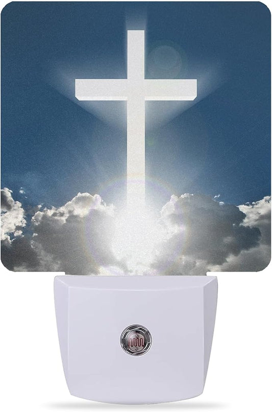Blessed Night Light,White Cross in Heaven Night Lights Plug into Wall Dusk to Dawn Sensor Led Lamp for Women Men,Led Lights for Stairway/Hallway/Bedroom,0.5W