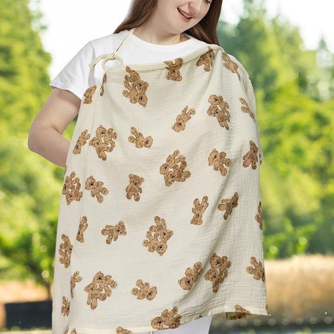 Muslin Nursing Cover for Baby Breastfeeding, Breathable 100% Cotton Privacy Nursing Covers, Multi Use Car Seat Stroller Cover (Bear-2)