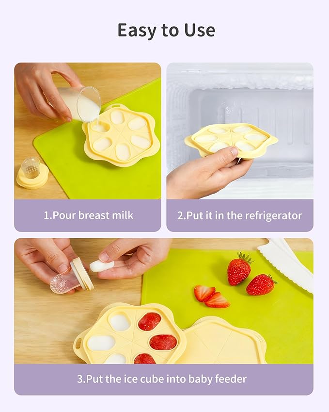 Silicone Baby Fruit Food Feeder (2 Pack) with Freezer Nibble Tray, Breastmilk Popsicle Molds for Baby Teething Relief, Feeder for Safe Infant Self Feeding, BPA Free, Dishwasher Safe (Yellow)