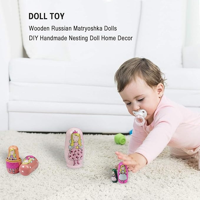 5 Pieces Cute Nesting Dolls Matryoshka Doll Russian Handmade Wooden Dolls Cartoon Angel Girl Pattern Toy Gift 6" Tall