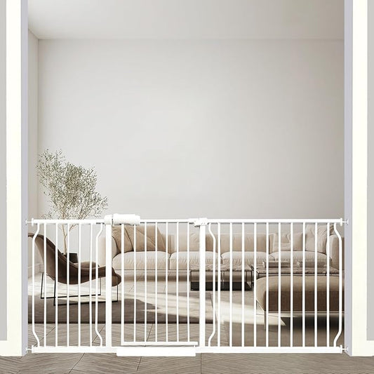 71.5-76.3 Inch Extra Wide Baby Gate, Heavy-Duty Metal Safety Gate for Stairs & Hallways, White Pressure Mounted with Extension Kit
