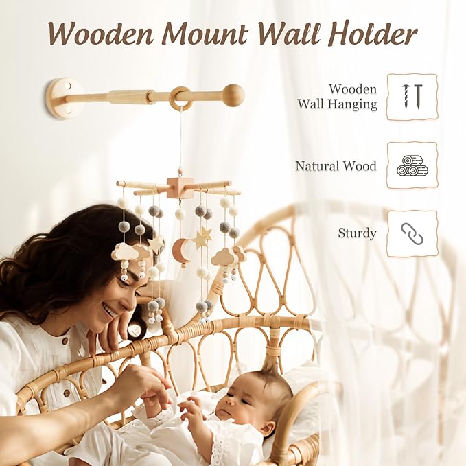 Wooden Crib Mobile Arm | Baby Mobile Hanger | Wooden Mount Wall Holder | Nursery Decor for Sturdy Mobile for Newborn Boys and Girls