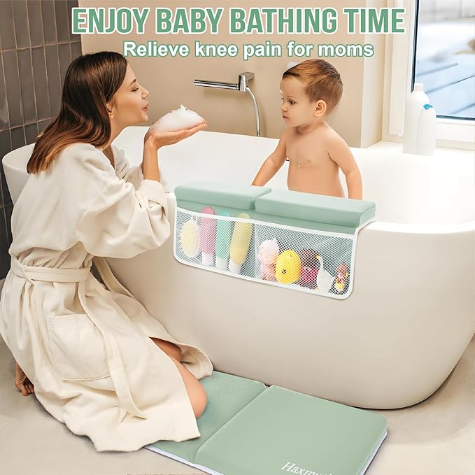 Bath Kneeler and Elbow Rest Pad Set, Thick and Quick Dry Kneeling Pad Support for Knee and Arm, Extra Large Baby Bath Kneeler Pads Bathtub Mat with Toys Organizer for Baby Bath Time, Grey Green