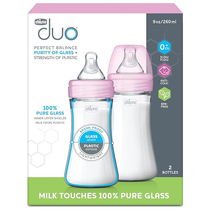 Chicco Duo 9oz. Hybrid Baby Bottle with Invinci-Glass Inside and Plastic Outside | Dishwasher, Bottle Warmer, and Electric Sterilizer Safe | Intui-Latch Nipple | Clear/Pink, 2pk