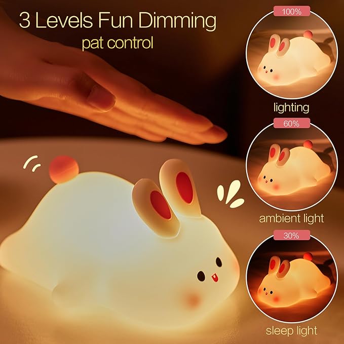 Squishy Bunny Night Light, Cute Easter Rabbit, Bunny Lamp, Led Big Face Rabbit Decor, Novelty Gifts, Dimmable Rechargeable Light up Bunnies, Nursery Room College Dorm Touch Nightlight