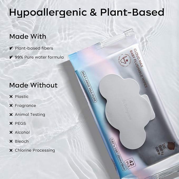 Bc Babycare Flushable Wipes, Hypoallergenic for Sensitive Skin, 99% Water, Plant-Based Fibers, Sewer + Septic Safe, Fragrance Free Toddler Potty Training, 42 Wipes, 3 Packs