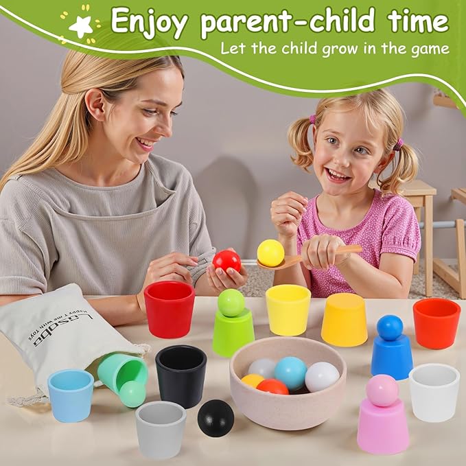 Rainbow Balls in Cups Toddler Montessori Toys - Color Sorting Toys for Toddlers for 3 Year Old Up, Learning Color Sorting and Counting, Kids Preschool Wooden Matching Games (12 Balls, 1.4 in)