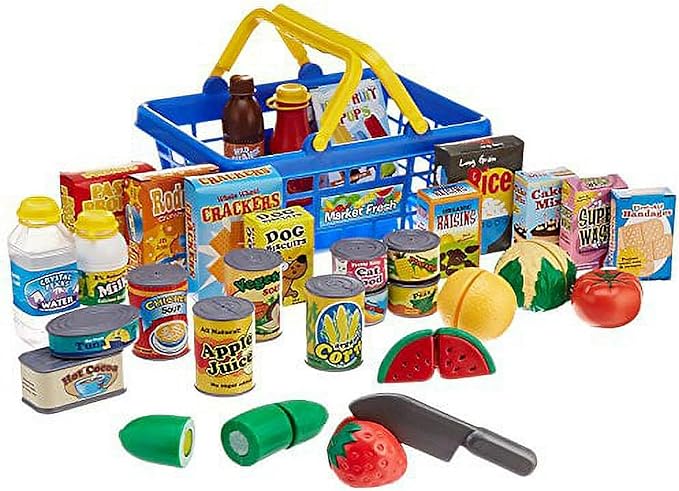 Small World Toys Kids Grocery Basket Play Food Set, Pretend Food Kids Shopping Basket Toddler Playset, 32 Pcs Grocery Food Play Kitchen Accessories, Educational Toddler Toys for Girls & Boys