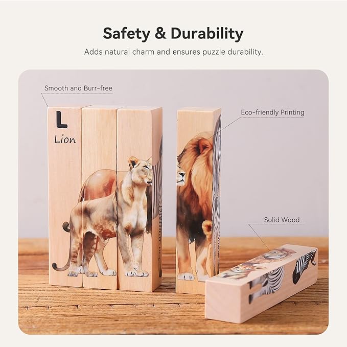 4 in 1 Wooden Animal Chunky Puzzle, 5 Solid Wood Puzzle Blocks with 4 Sides Realistic Safari Animals, Wooden Block Puzzle with Durable Base for Toddlers 3+ Years - Montessori Inspired