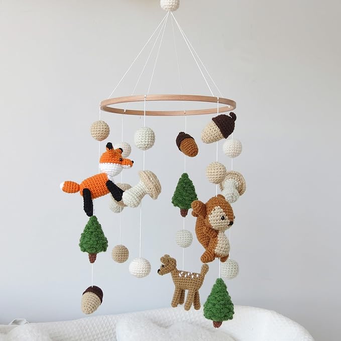 Woodland Mobile for Crib Forest Baby Crib Mobile for Boys Girls Crocheted Animals Baby Mobile for Crib