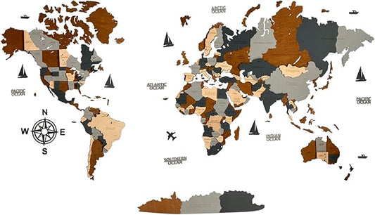 Wooden World Map 3D Art Large Wall Decor - Size (M, L, XL) Any Occasion Gift Idea - Wall Art For Home, Kitchen or Office