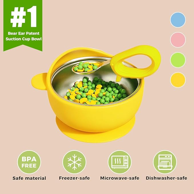 Stainless Steel Baby Bowls with Suction, 2-in-1 Toddler Feeding Set SUS304 Non-Toxic | Unbreakable & Anti-Scald | Super Strong Suction Base | Dishwasher Safe | Perfect Baby Gift - 4Pack Cu.Ft.