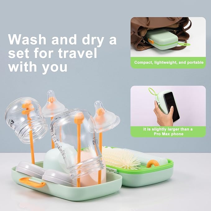 7in1 Travel Bottle Cleaner kit,Baby Essentials, with Bottle Brush、Nipple Brush、Straw Cleaner Brush、Soap Dispenser、Bottle Drying Rack、Drainage Tray、Storage Box,Baby Travel Essential (Green)