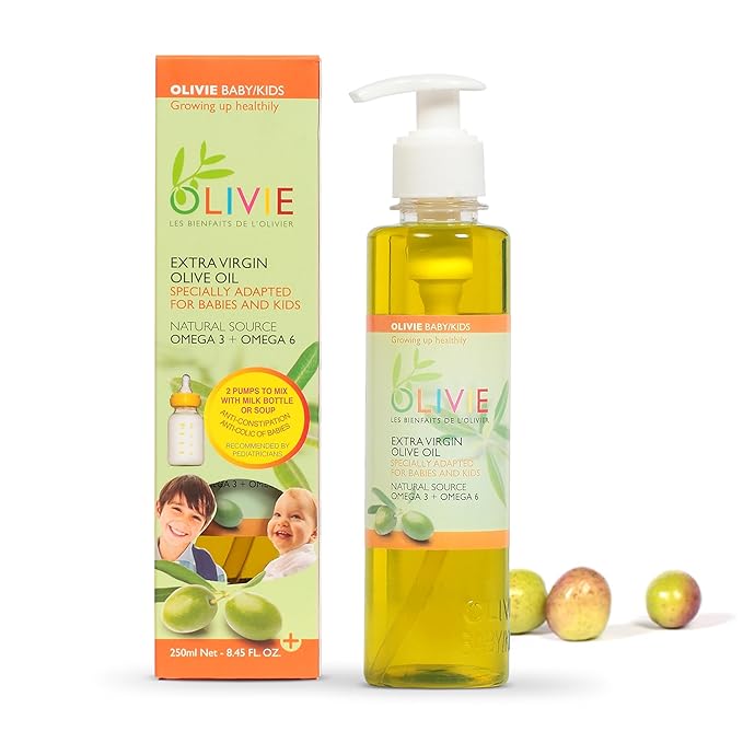Calming Baby Oil for Newborns by OLIVIE, All Natural Colic Relief & Soothing Organic Moisturizer, Omega-3 Olive Oil Supplement for Infants, Toddlers & Kids, 250ml