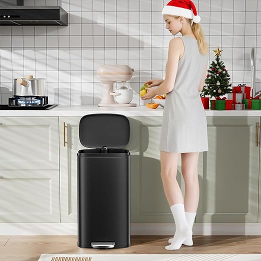 Arlopu 8 Gallon Step Trash Can, Stainless Steel Garbage Bin, Soft-Close Rubbish Bin with Removable Plastic Inner Bucket, Fingerprint-Proof, Lid Dustbin, Suit for Kitchen Home (Black, 30L)