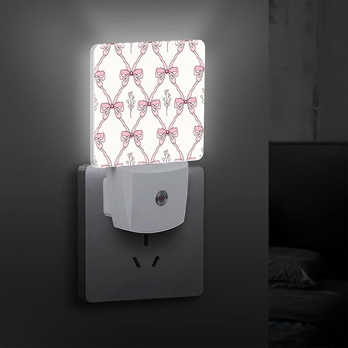 Vintage Retro Pink Ribbon Plug in Night Light with Auto Dusk to Dawn Sensor,Warm Night Lights for Boys Girls Bedroom Bathroom Hallway Kids Room Gifts