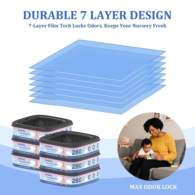 6 Pack Standard Square Bags Refill Compatible with Diaper Genie Compact, Select and Classic Pails, Max Odor Control, Disposal Bag Refills with Continuous Film, Hold Up to 280 Newborn-Sized Diapers