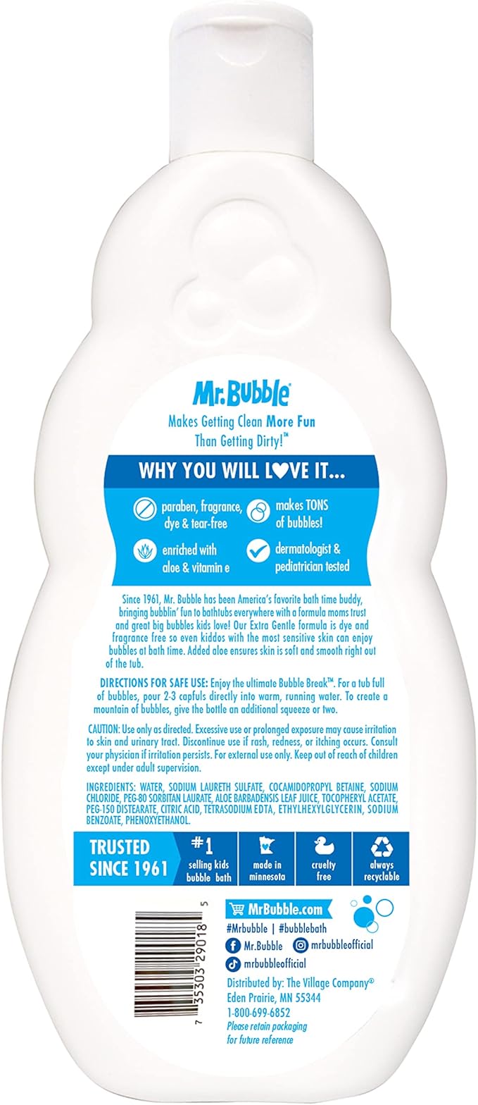 Mr. Bubble Extra Gentle Bubble Bath - Hypoallergenic, Tear Free Bubble Bath Solution Perfect for Sensitive Skin (Pack of 2 Bottles, 16 fl oz Each)
