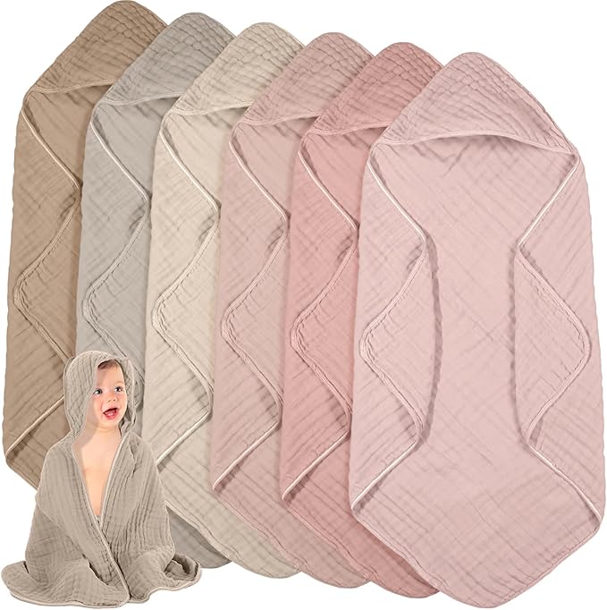 Peryiter 6 Pcs Muslin Hooded Baby Towels, 32"x 32" Cotton Newborn Bath Towel Muslin Infant Baby Blankets Absorbent Unisex Newborn Registry Gift Essentials for Girls Boys(Brown and Pink Series)